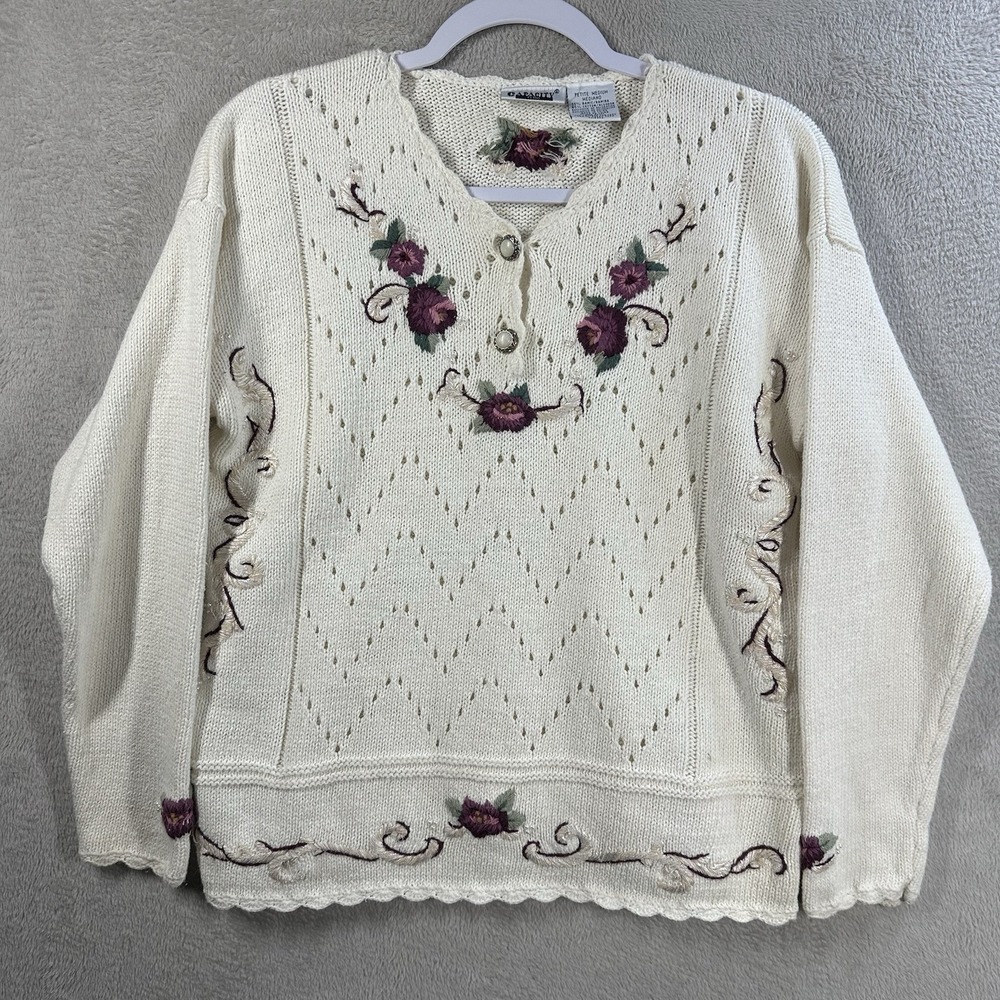 Vintage 90s Capacity Embroidered Grandmacore‎ Floral Ivory Sweater Sz MP Petite